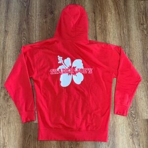Trader Joes Hoodie Mens Large Red Employee Promo Sweatshirt Hibiscus Flower